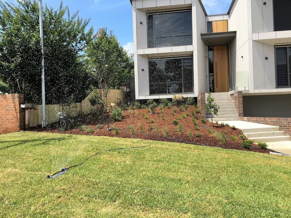 Planting and lawn beside the entrance to a brick house